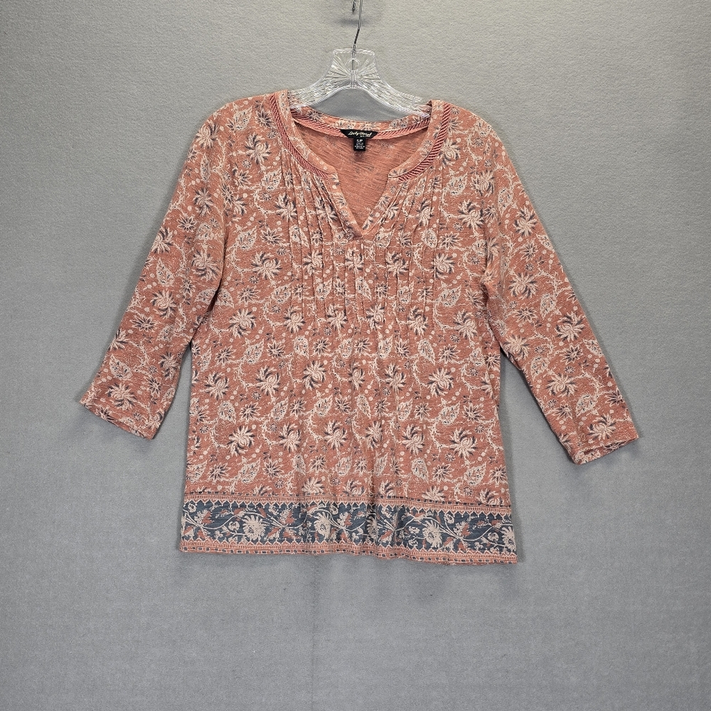 Lucky Brand Womens V-Neck Graphic Print Casual Boho Shirt 3/4 Sleeve size S/P